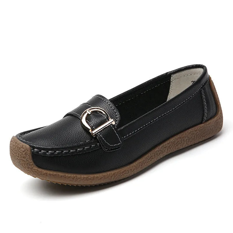 Women's casual loafers in artificial PU with beef tendon sole, round toe, and flat heel in five colour options