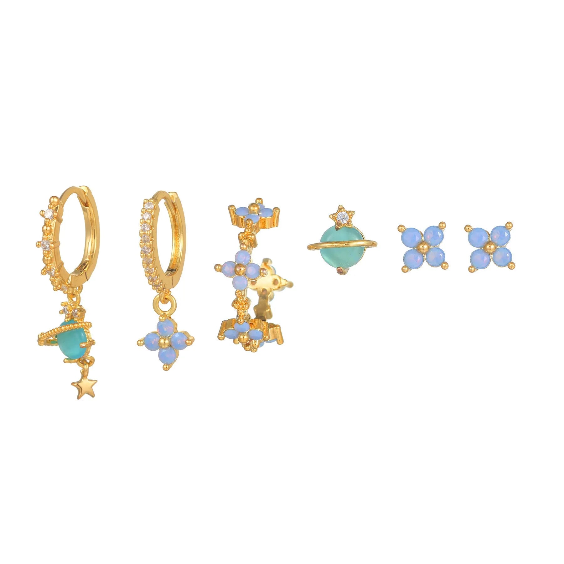 Gold and silver flower stud earrings with blue zircon mosaic accents in Japanese Korean style