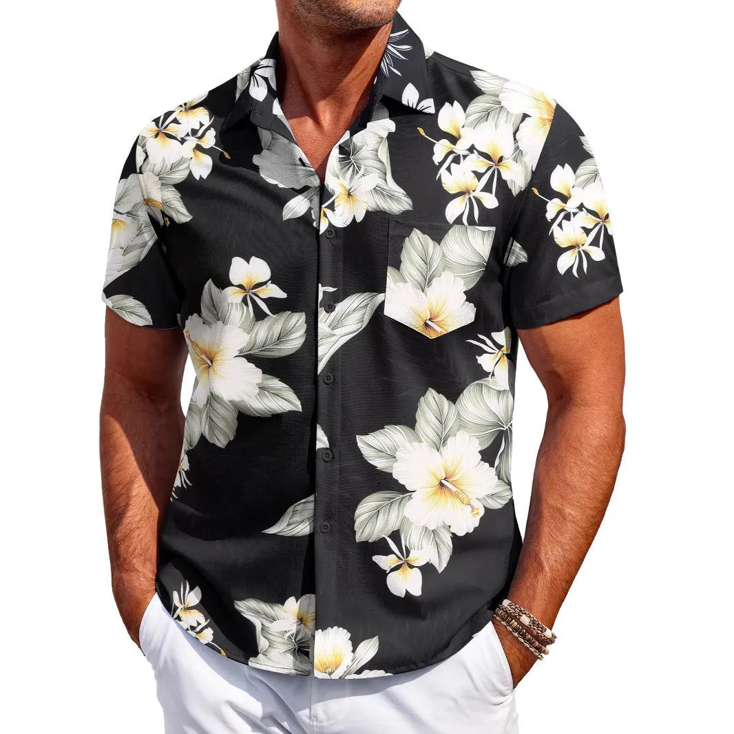 A man wearing a slim-fit short-sleeve shirt in a solid colour, showing the cardigan style and elastic fabric.