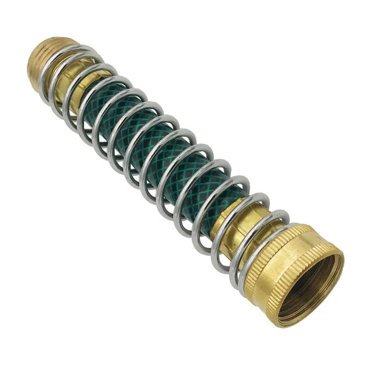 Brass garden hose sprinkler connector with spiral spring mechanism for preventing kinks