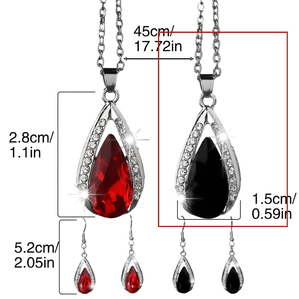 Teardrop glass pendant necklace and earrings matching suite in black or red alloy jewellery