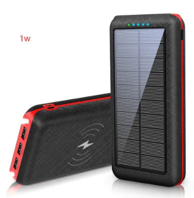 Black portable power bank with solar panel, wireless charging surface, and three USB output ports