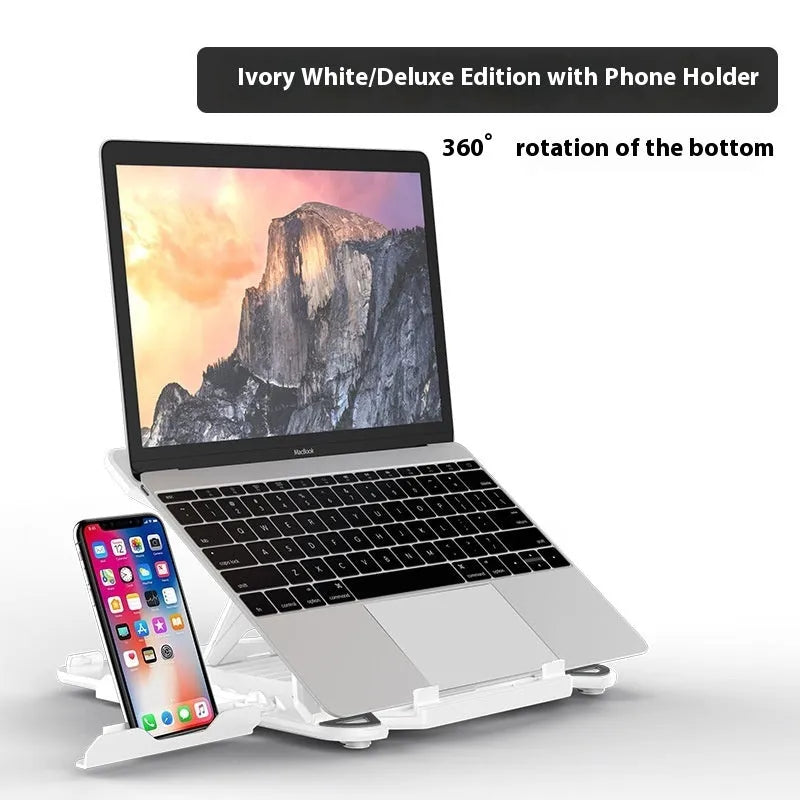 Black ABS plastic laptop bracket with phone holder on a wooden desk.