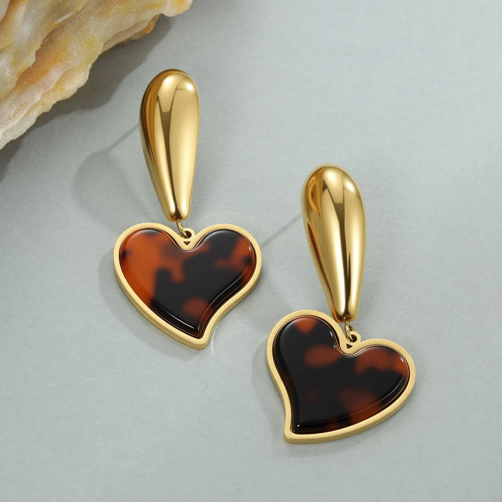 Tortoiseshell resin earrings with 18K gold electroplating in heart and flower geometric designs