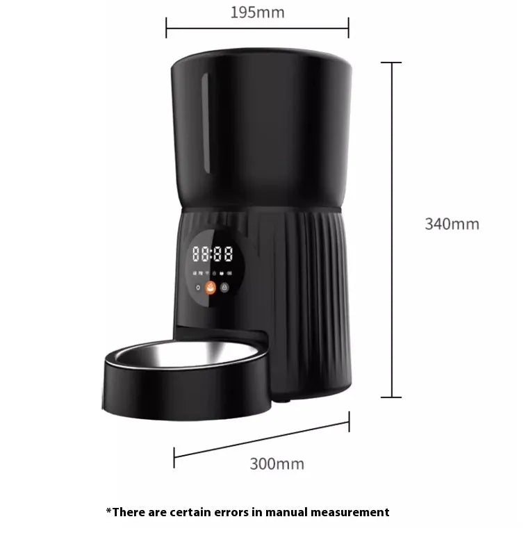 Black and white automatic pet feeder with mobile app remote control and USB power connection