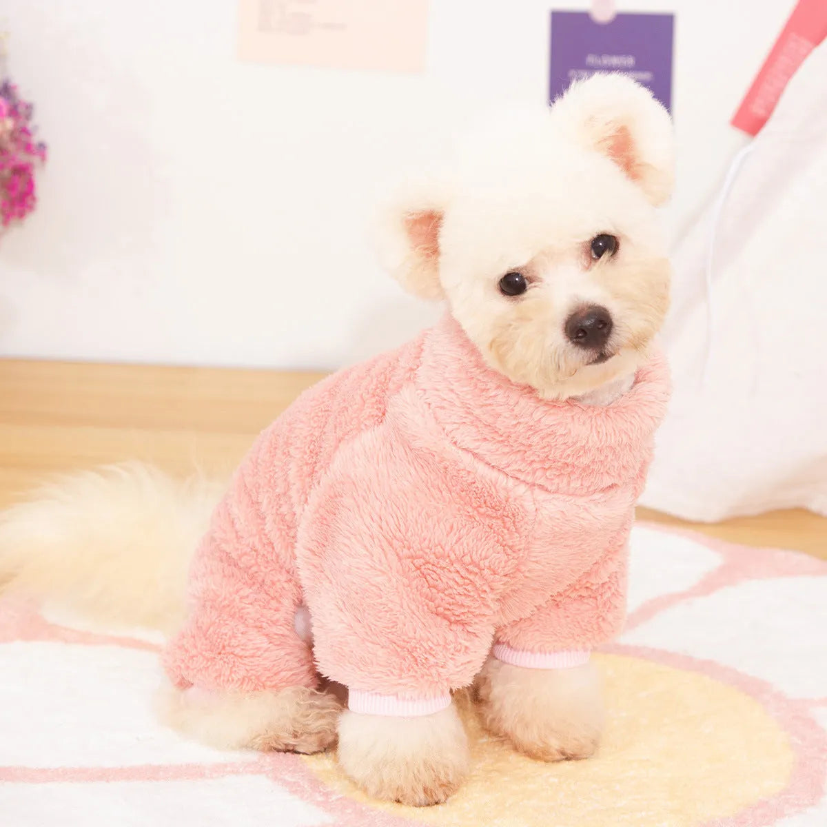 Four-legged dog clothing with double-sided plush fabric, high collar, and towing ring in khaki colour