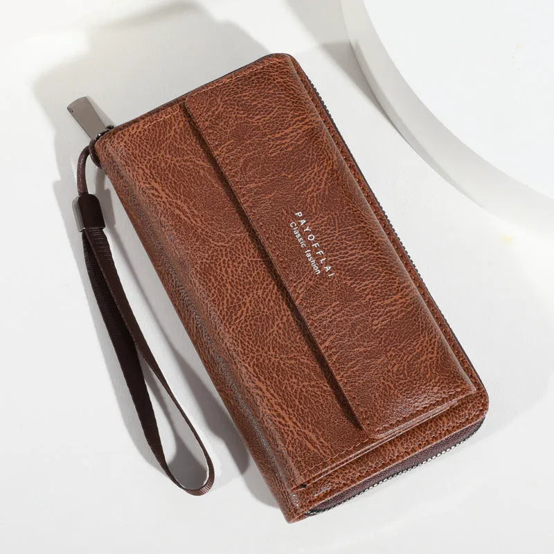 Men's black PU leather long wallet showing multiple card slots and measuring 19x10.5x4 cm