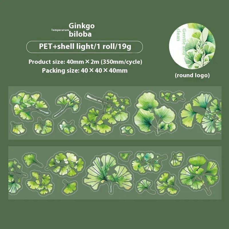 Roll of PET decorative stickers with six leaf patterns including ginkgo and maple designs for DIY projects