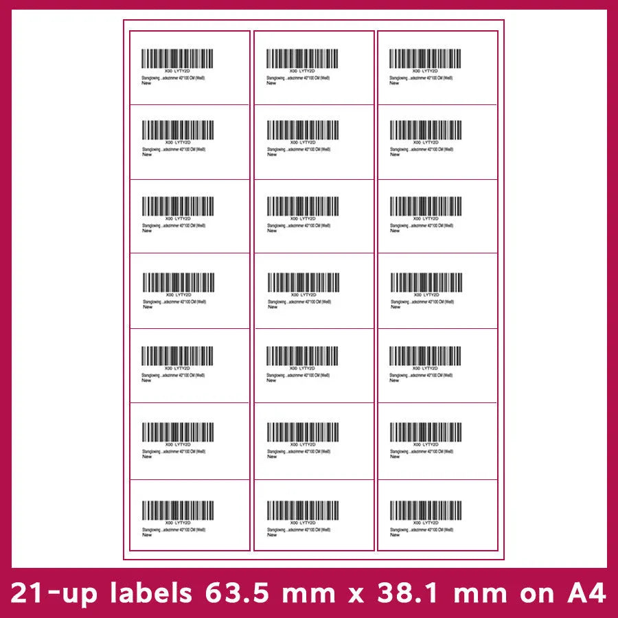 A4 FBA label paper sheets showing ten different grid formats for barcode and serial number printing