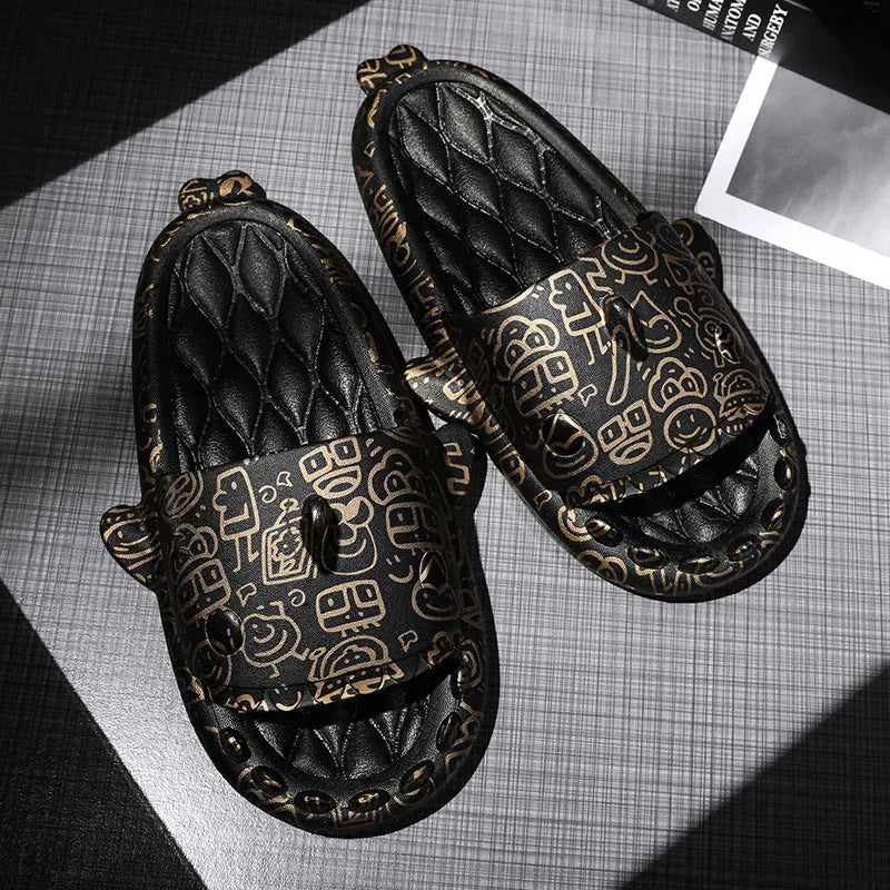 Cute shark design open toe EVA slippers for couples in beige, black, grey, and white colours.