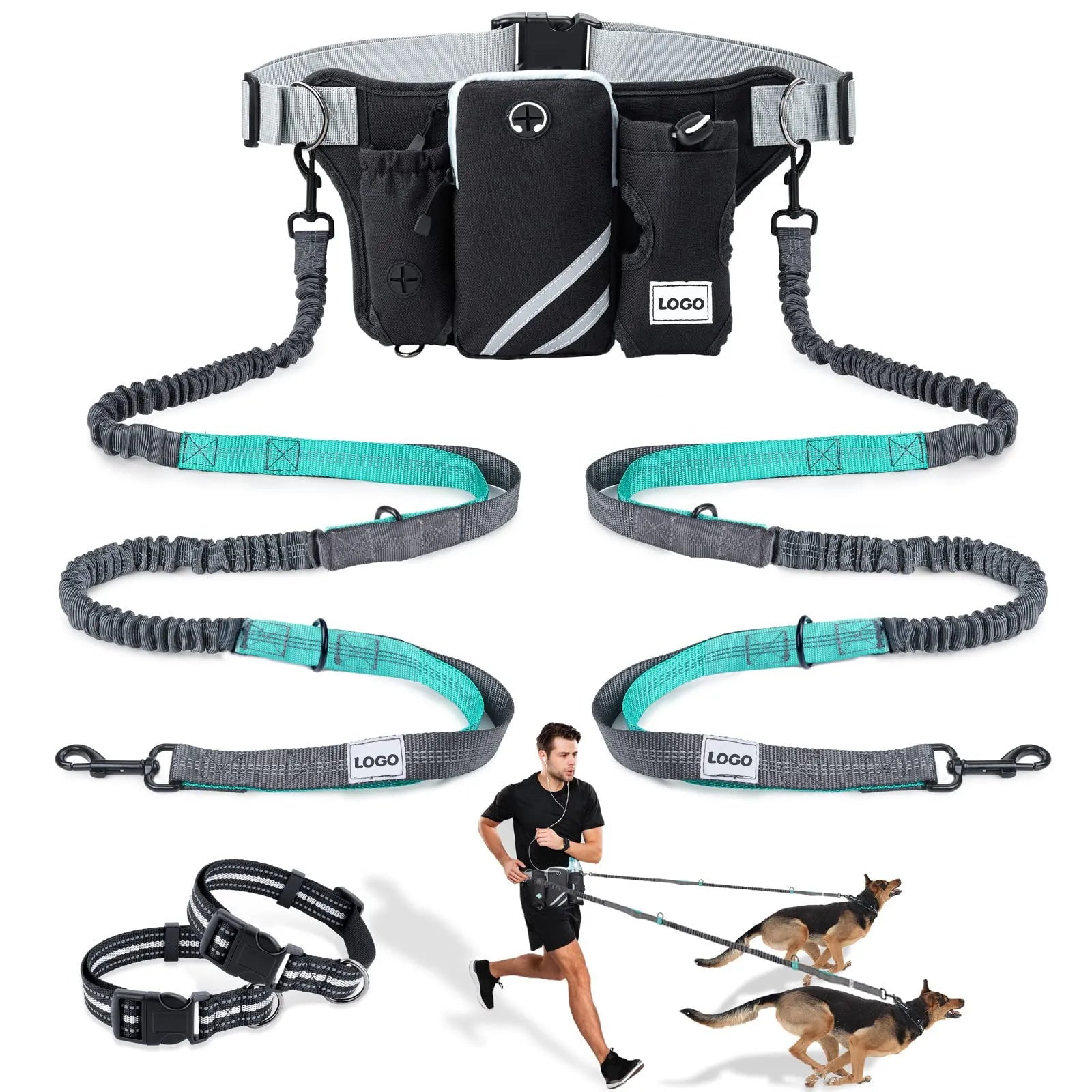 Black nylon dog walking waist bag with attached leash and collar for outdoor training