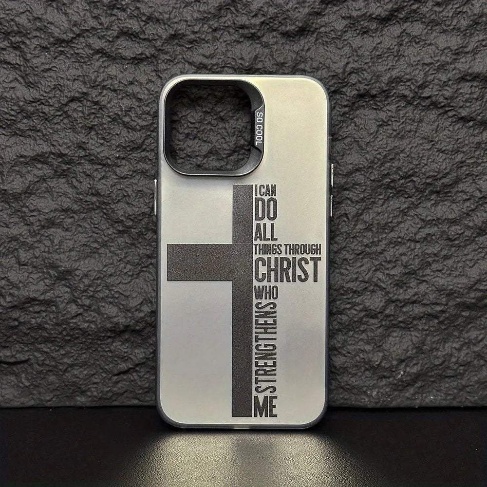 Hard PC phone case for Apple iPhone, coloured silver shell with black cross design, drop-resistant with magnetic