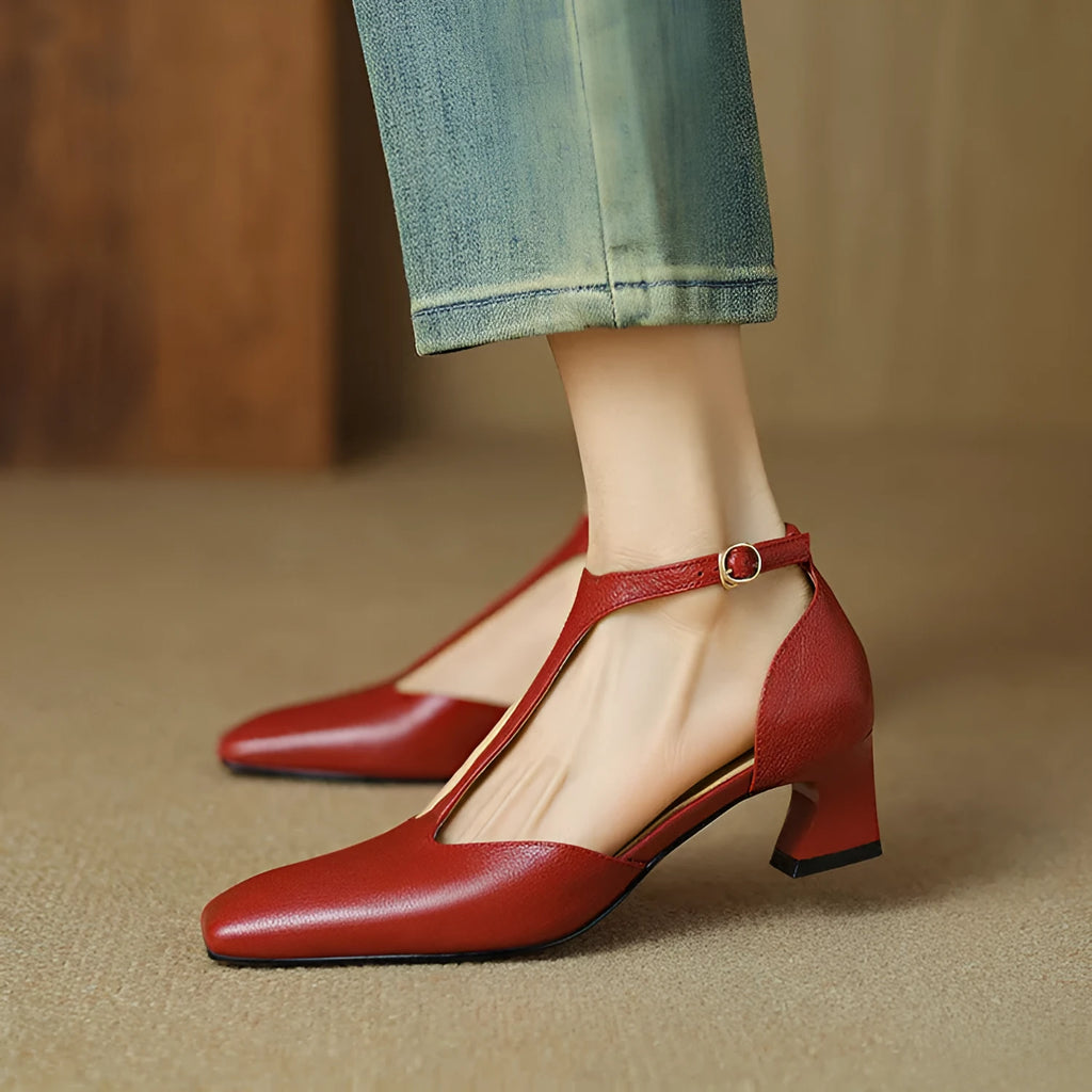 Wine red women's square toe chunky heel shoes with buckle closure, made from sheepskin leather.