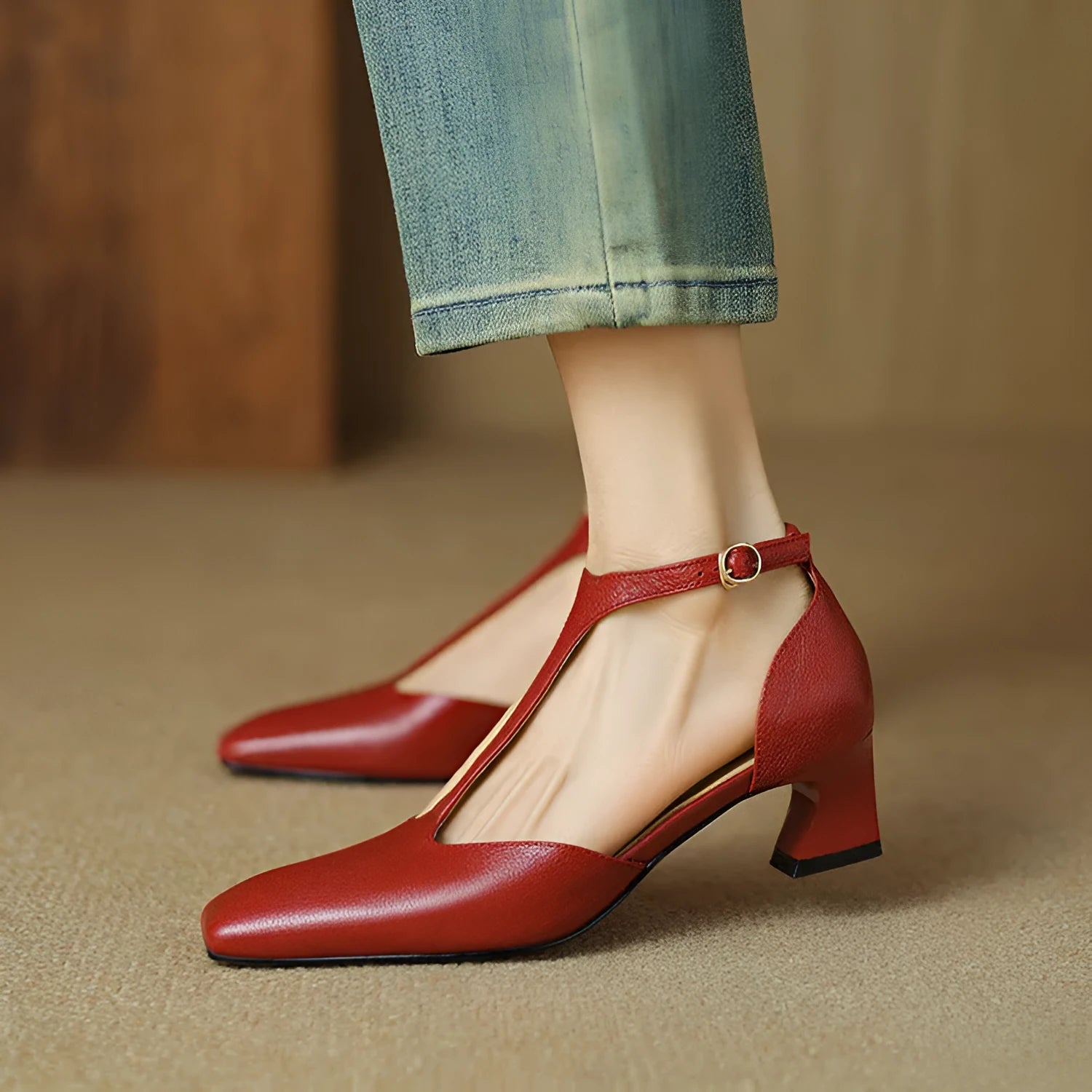 Wine red women's square toe chunky heel shoes with buckle closure, made from sheepskin leather.