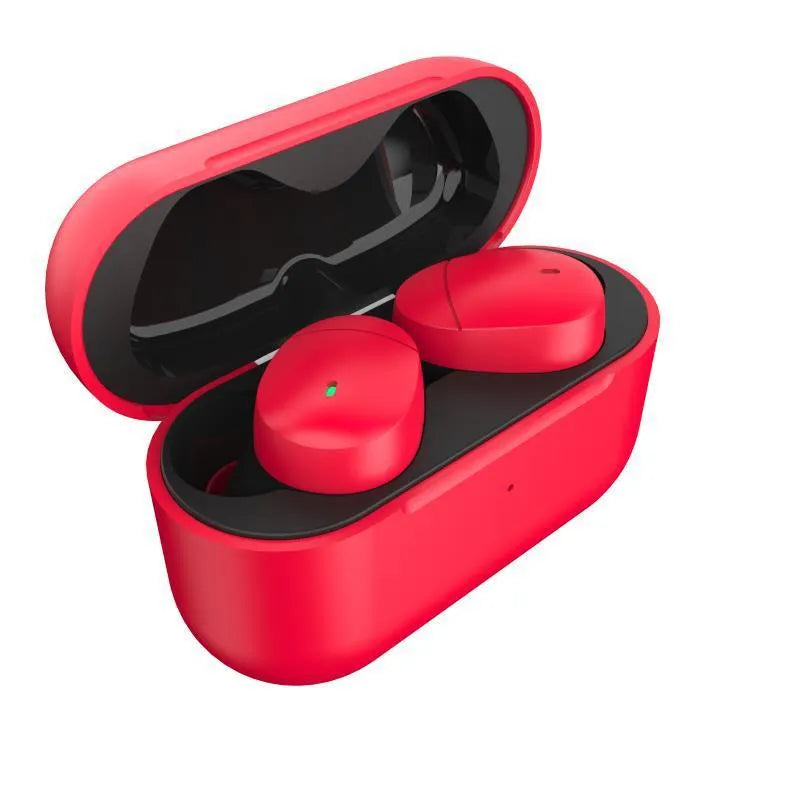 Flame red Qualcomm TWS 3040 true wireless Bluetooth earbuds with charging case.