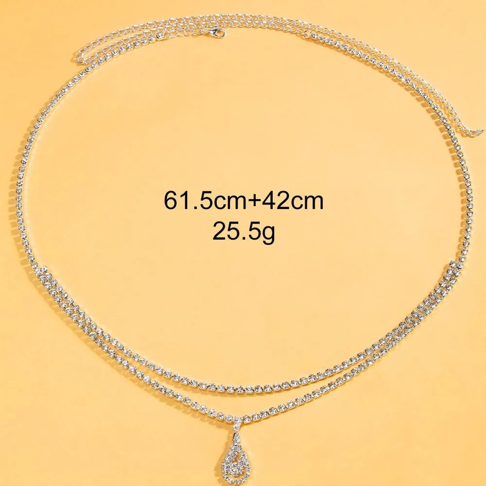 Gold or silver women's waist chain with water drop pendant measuring 115cm length with lobster buckle closure