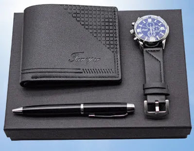 Creative Holiday Gift Set featuring a brown wallet, pen, and watch inside an elegant paper gift box.