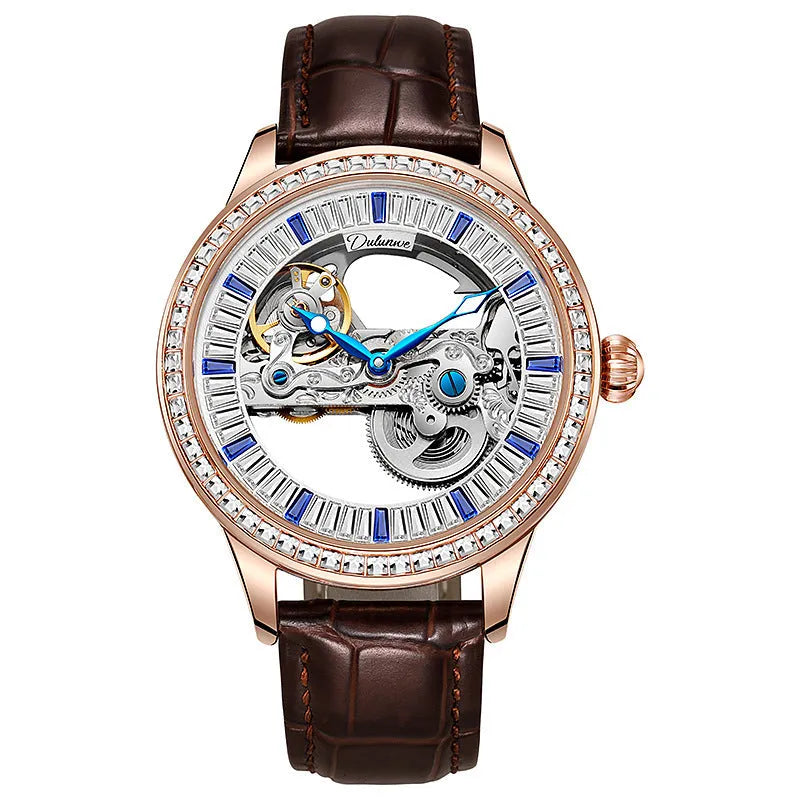 Men's luxury zircon mechanical watch with transparent case back on a black leather strap
