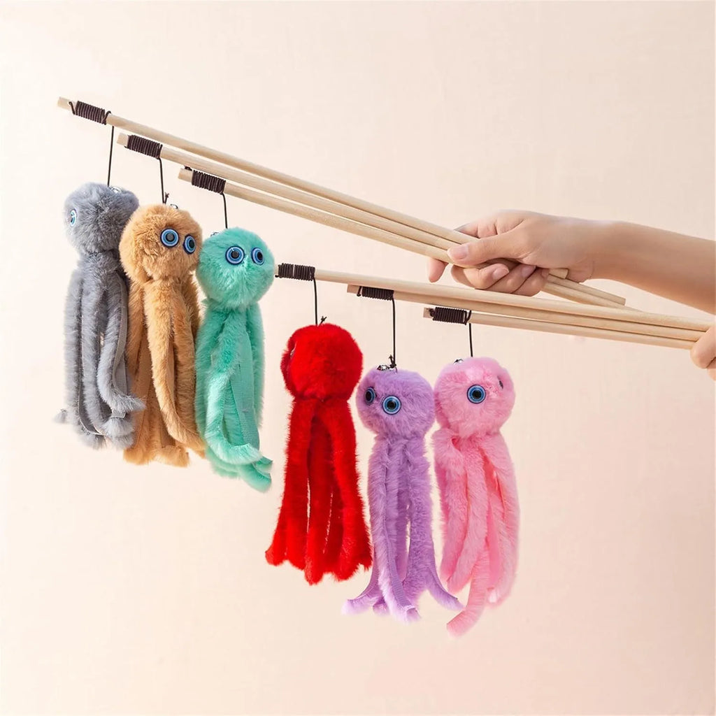 Brightly coloured furry octopus cat toy attached to a long stick for interactive indoor play