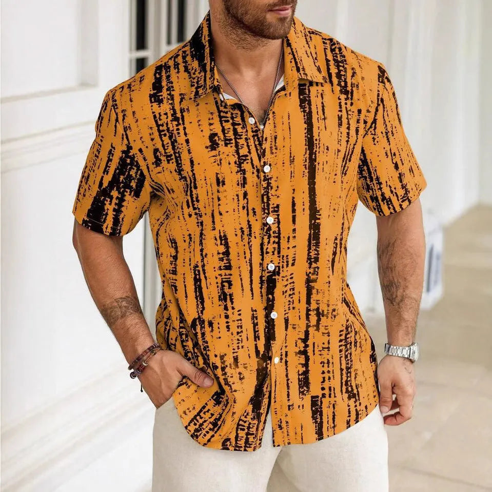 Men's short sleeve casual shirt with 3D printed stripe pattern in polyester fabric