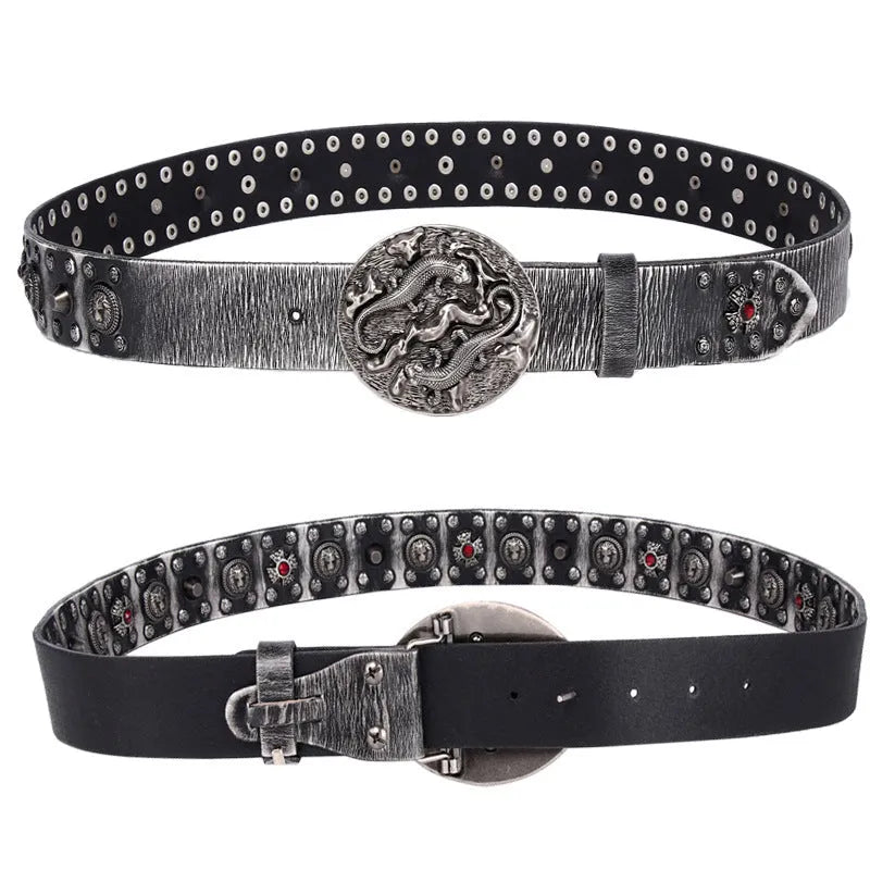 Men's genuine leather punk rivet belt with alloy buckle in retro colours on a table.