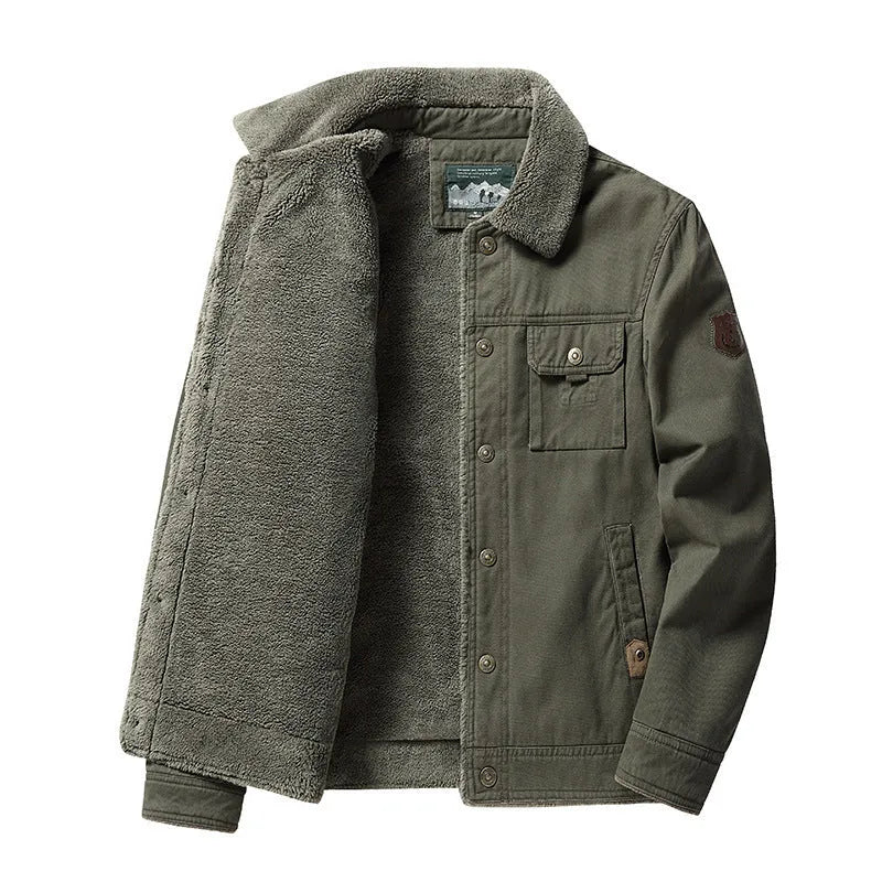 Men's fleece-lined thickened casual jacket with polo collar, cotton fabric, available in khaki, army green, dark blue