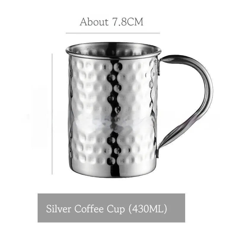Copper plated stainless steel Moscow Mule mug in hammered and smooth styles, shown in silver, gold, rose gold, and black.