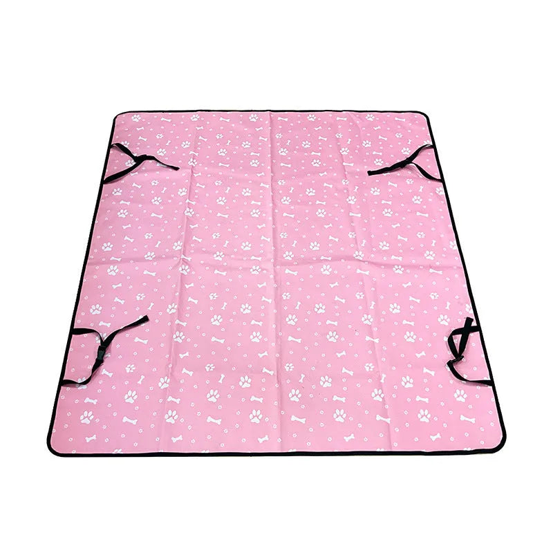 Washable cloth car pet mat for rear seat protection with dog bone print design.