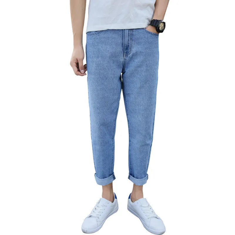 Men's loose fit straight leg cotton jeans in black college style casual trousers