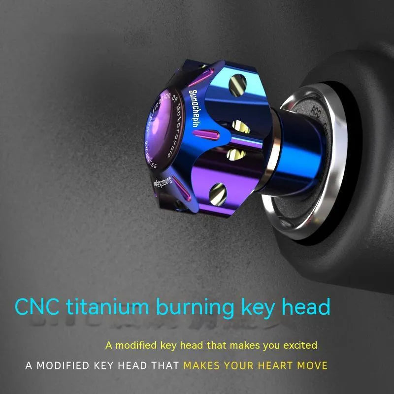 Motorcycle key head cover in T6 aluminium alloy showing hexagonal, five-pointed star and plum blossom design options