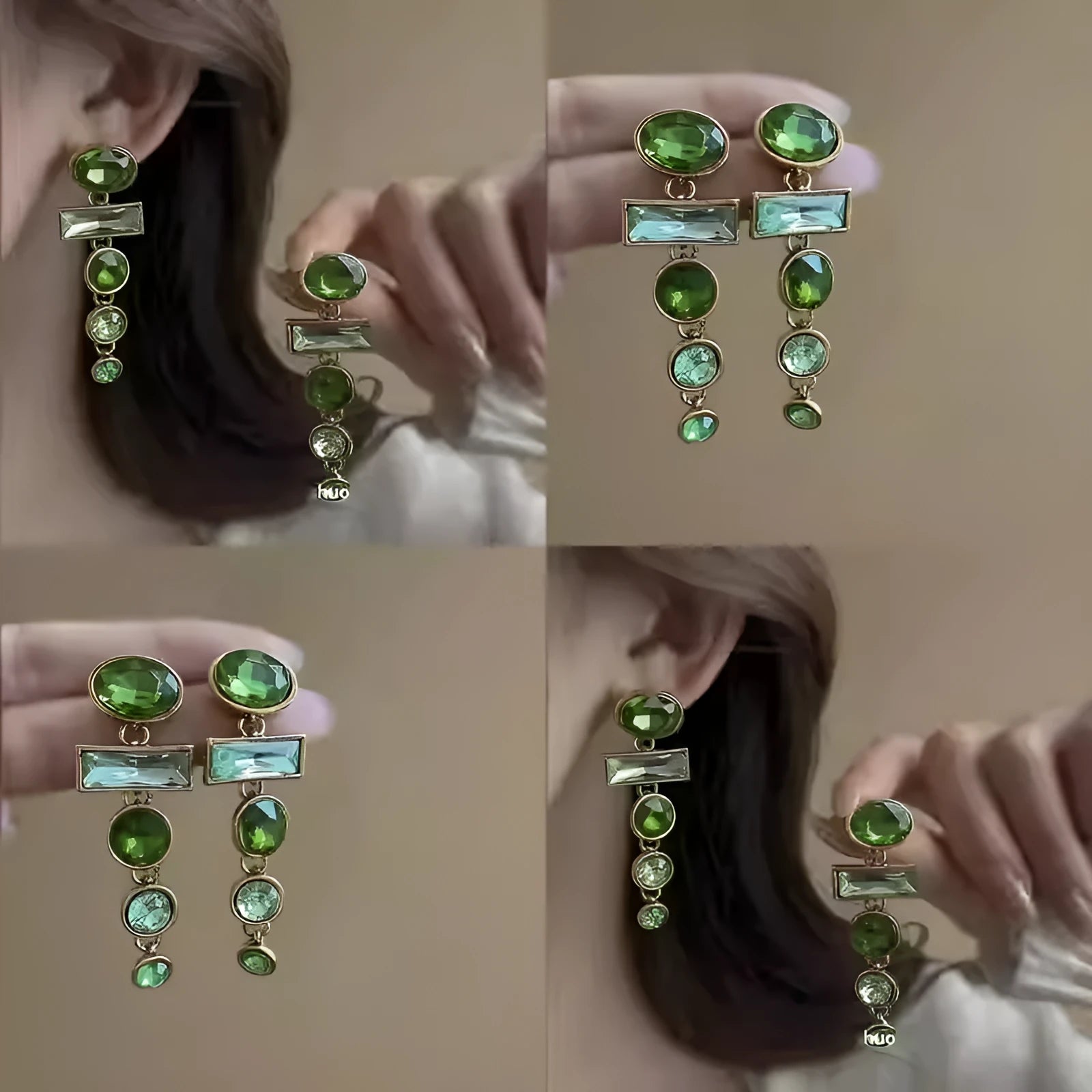 A pair of green gradient geometric drop earrings with alloy construction and inlaid zircon stones.