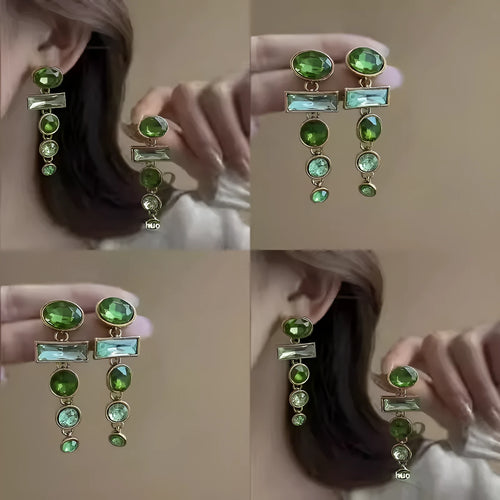 A pair of green gradient geometric drop earrings with alloy construction and inlaid zircon stones.