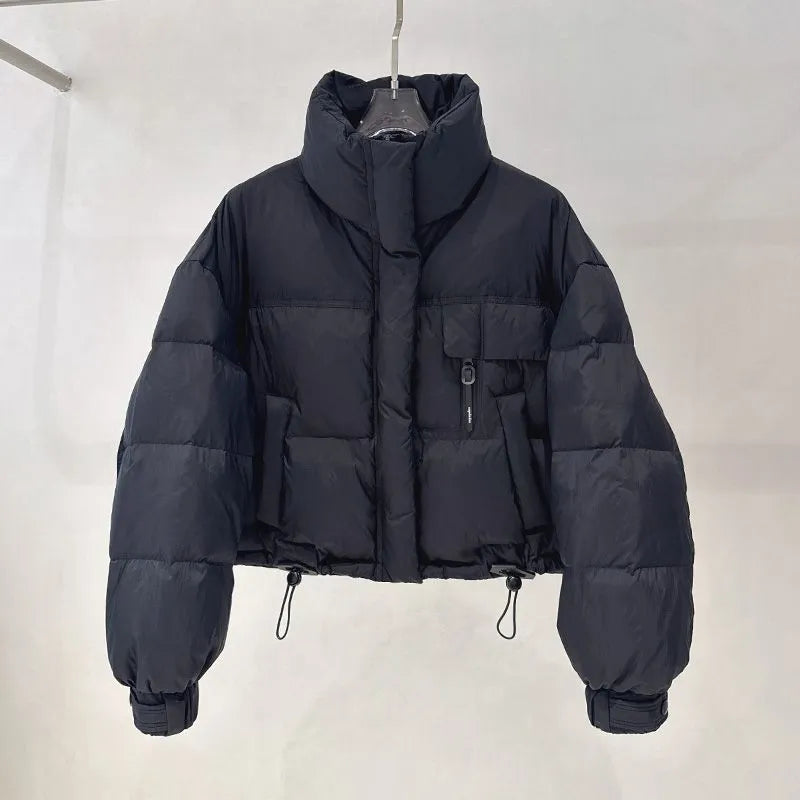 Korean-style stand collar short puffer jacket in yellow with princess sleeves and chenille fabric