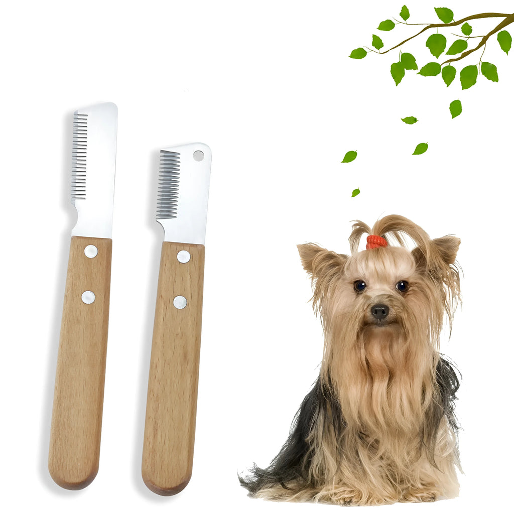 Pet stripping comb with wood handle and metal blade for dog and cat grooming