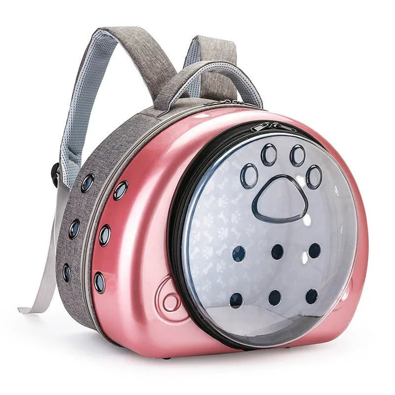 Transparent PC canvas cat carrier bag in space capsule shape with rose gold front cover.