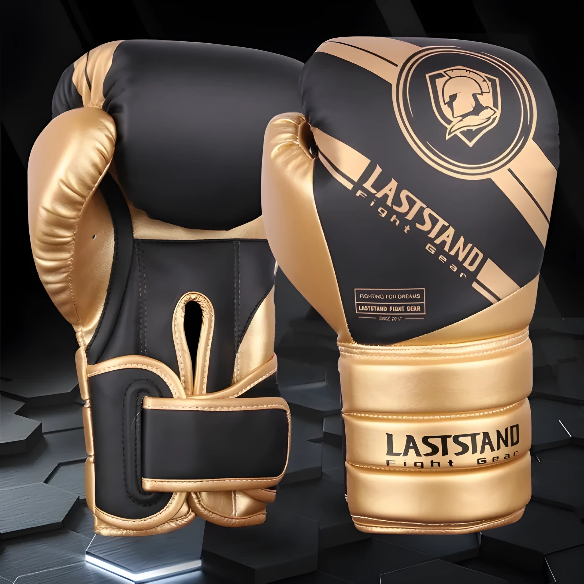 PU leather boxing gloves in black gold colour for sanda fight training, vertical style, 10oz weight