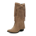 Women's beige suede mid-calf boots with a chunky heel and tassel detail on display.