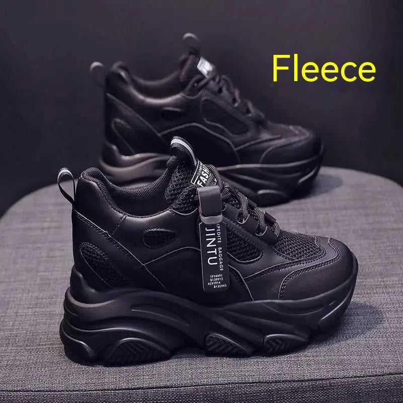 Women's black mesh platform casual shoes with hollow-out design and TPR sole