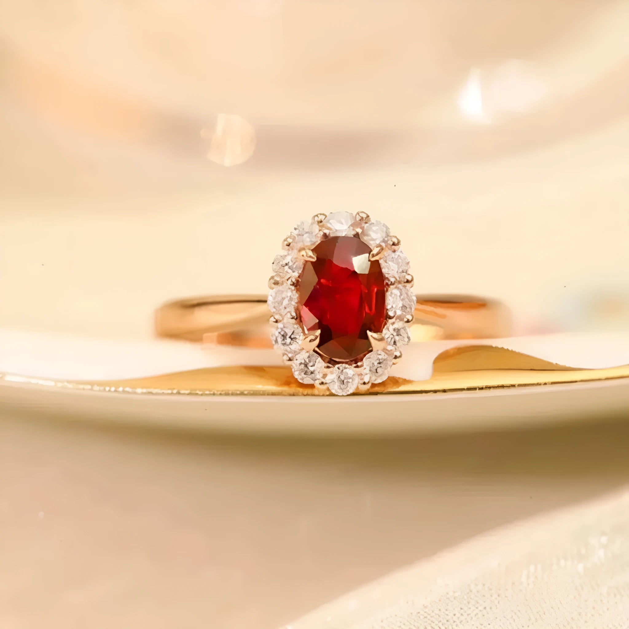 Gold pigeon and floral design sterling silver ring with a red blood gemstone inlay.