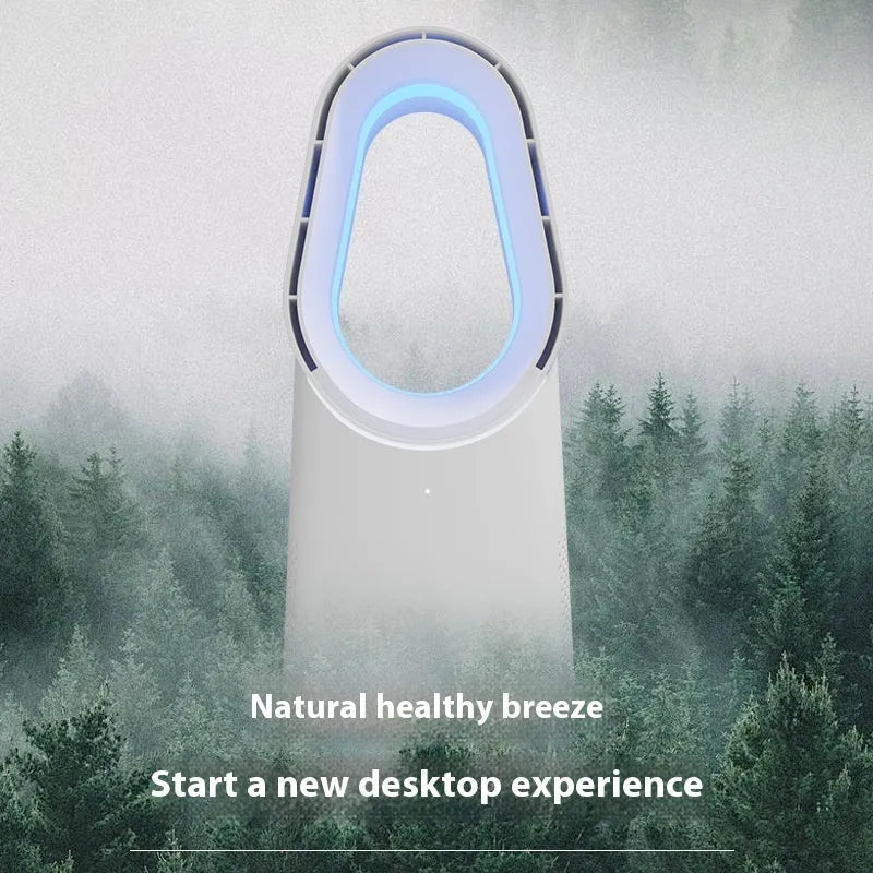 White bladeless tower fan with touch screen controls and remote control