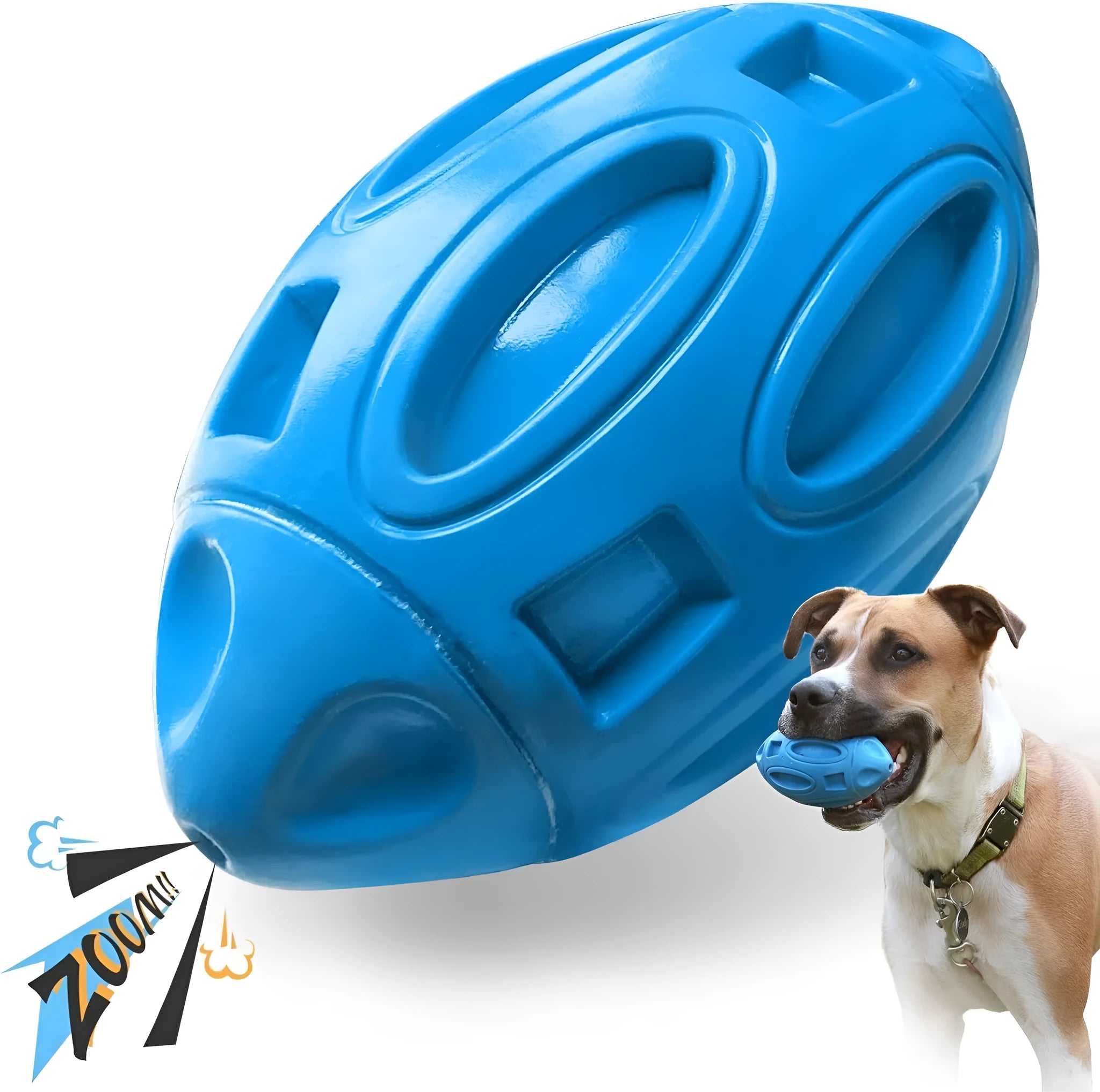Blue, green, and orange natural rubber squeaky dog chew ball for medium and large breeds