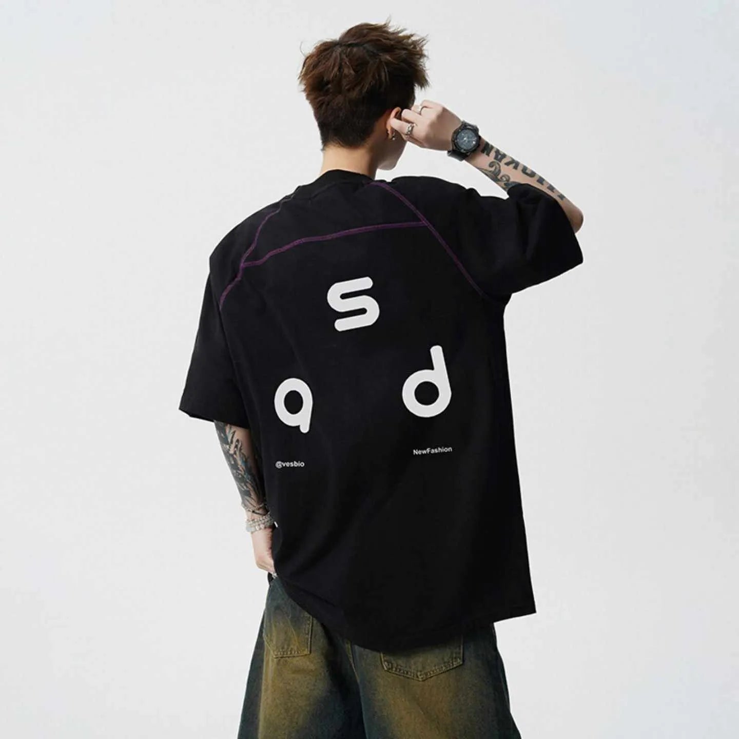 Cotton loose fit t-shirt with letter print design on front, showing round neck and short sleeves