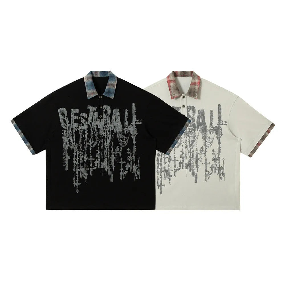 Men's loose fit cotton short sleeve top with asymmetric cut and graffiti print in blue or red