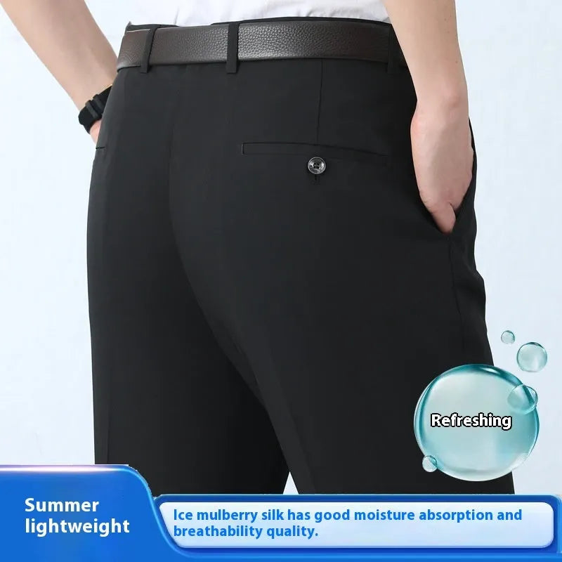 Men's straight-leg business trousers in mulberry silk blend fabric with high waist design