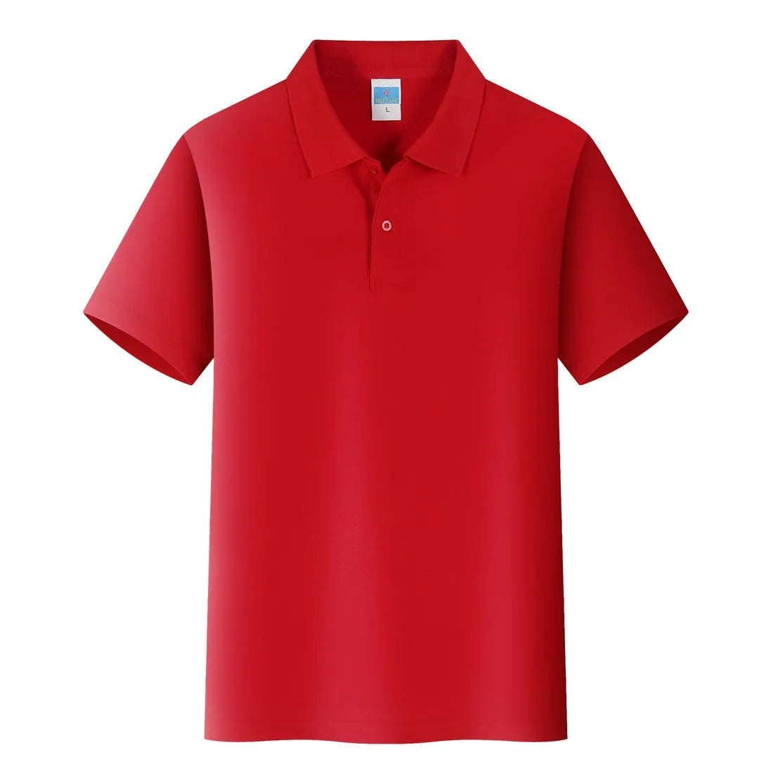 Men's short-sleeved cotton work shirt on a hanger, straight pullover style for embroidery.