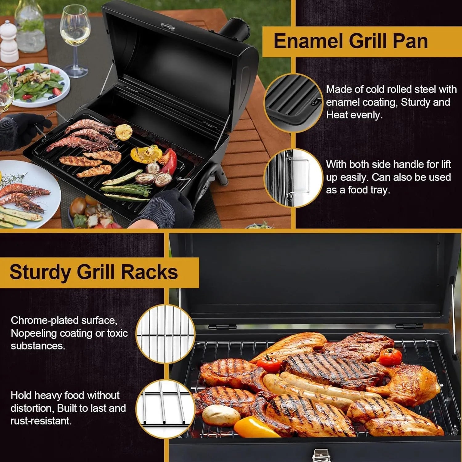 Small folding desktop charcoal barbecue smoking device with grill shown in open cooking position