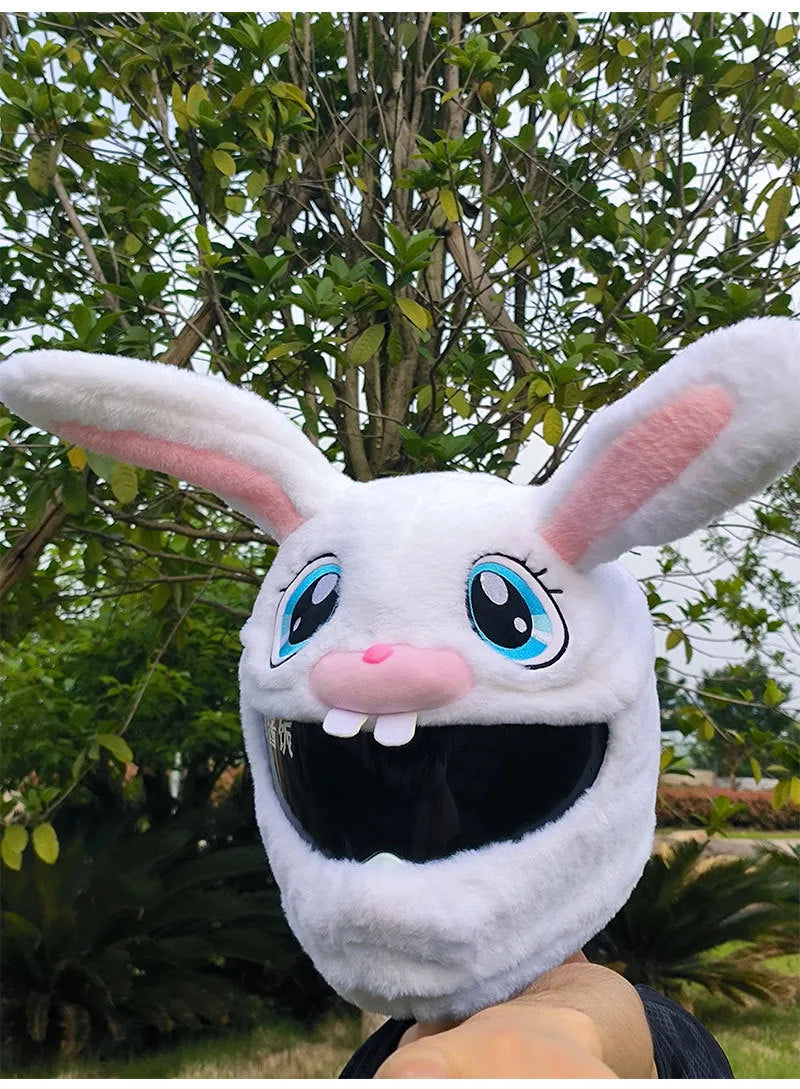 White long-eared rabbit plush helmet cover for an electric motorcycle helmet