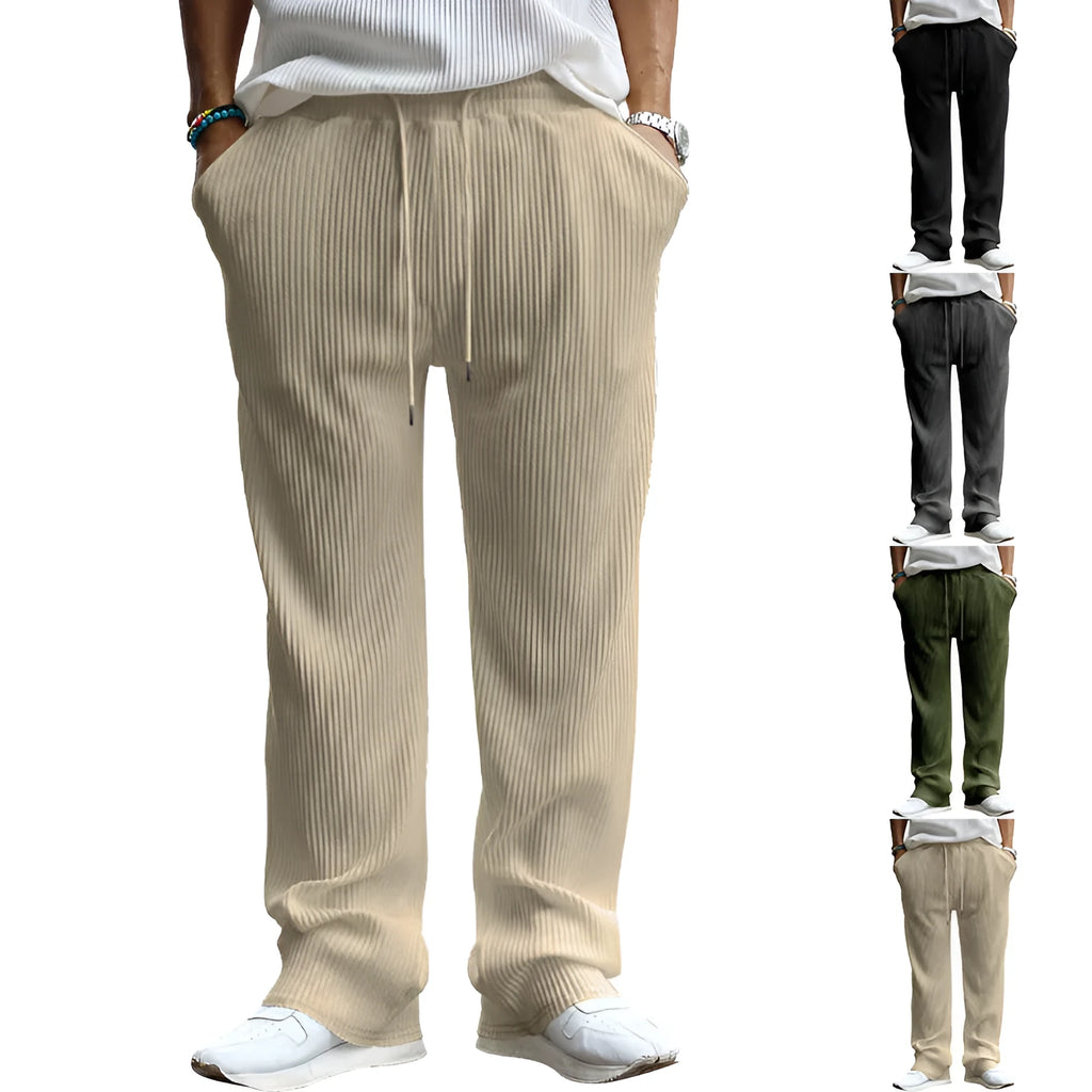 Men's casual loose straight leg trousers in polyester with micro elasticity, shown in army green colour