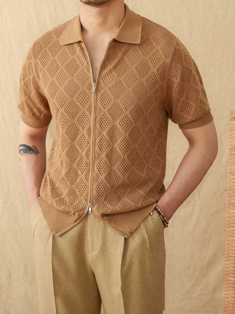 Light brown cotton short sleeve cardigan with zip front and lapel collar laid flat
