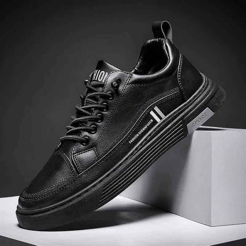 Men's white and black microfiber skateboard shoes with elastic band and rubber sole